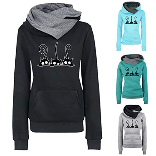 ZODOF Sudadera con Capucha para Mujer Moda Manga Larga Impresión de Gato Camiseta Tops Abrigos Pullover Hoodies Uniforme Unisex(XXL,Azul Claro)