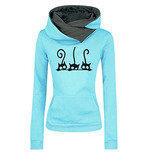 ZODOF Sudadera con Capucha para Mujer Moda Manga Larga Impresión de Gato Camiseta Tops Abrigos Pullover Hoodies Uniforme Unisex(XXL,Azul Claro)