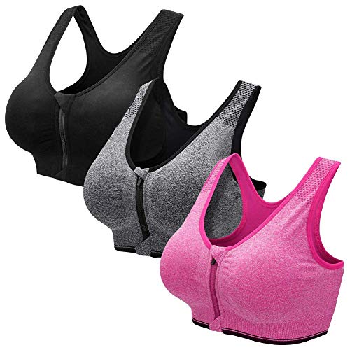 ZOEREA Sujetador Cierre Delantero Deportivo para Mujer Gimnasio Ropa con Almohadillas Extraíbles para Correr Sin Costuras Yoga Fitness (L: fit 80C 80D 85A 85B 85C, Negro + Gris + Rosa)