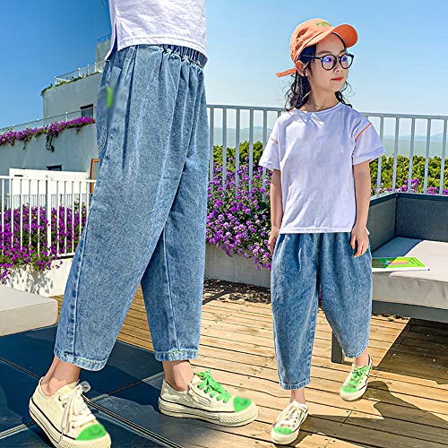 ZRFNFMA Ropa de niñas, Estilo de Verano, niño Grande, Estilo Occidental, Pantalones de Pierna Ancha, Pantalones Viejos, Pantalones Vaqueros, Pantalones Cortos Delgados para blue-150cm