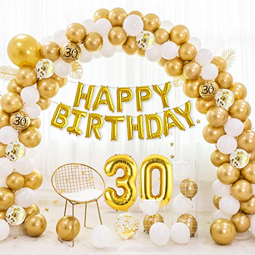 30 Cumpleaños Decoraciones para Mujeres Hombres, Happy Birthday 30 Globos Foil, Globos Oro Blanco metálico, Globos Confeti Oro, Globos Estrella, Bandera del empavesado Estrellas Oro, Adorno de Torta