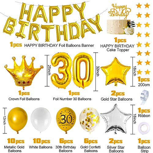 30 Cumpleaños Decoraciones para Mujeres Hombres, Happy Birthday 30 Globos Foil, Globos Oro Blanco metálico, Globos Confeti Oro, Globos Estrella, Bandera del empavesado Estrellas Oro, Adorno de Torta