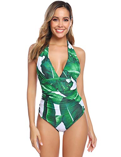 Abollria 2020 Traje de Baño de Una Pieza para Mujer con Push-Up Ropa de Baño sin Hombros Floral Monokinis Halter Bañador Escotado Sexy para Verano