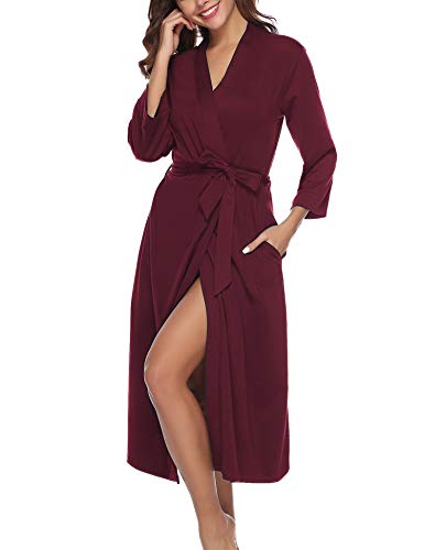 Abollria Bata para Mujer Algodón con Escote en V Albornoz de Kimono de Mujer Ropa de Dormir con Cinturón (XL, Vino Rojo)