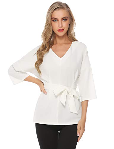 Abollria Camisa Elegante para Mujer con Manga 3/4 Blusa Cuello-V Casual Camiseta Suelto para Primavera Verano