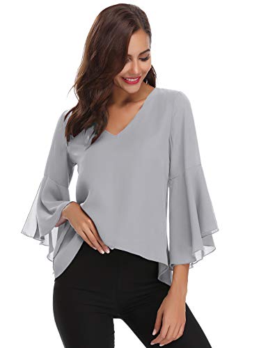 Abollria Camisas Mujer 3/4 Mangas Elegante Blusa Verano Camisetas de Gasa Cuello V Casual Chiffon Top Mangas Acampanadas para Primavera Otoño, Gris, XXL