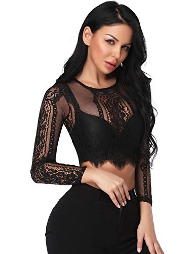 Abollria Camiseta Transparente para Mujer Lace Top Corto Blusa de Malla Manga Larga Sexy Top de Encaje de Cuello Redondo para Primavera Verano