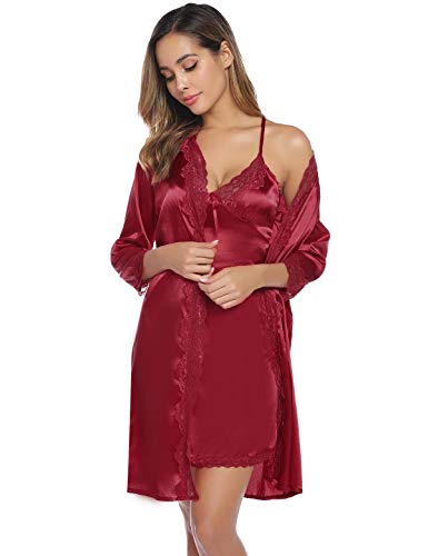 Abollria Camisón Sexy Mujer Elegante Albornoz de Dormir Conjunto de Kimono Batas Vestidos de Dormir de Dos Piezas (M, Vino Rojo)