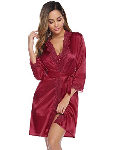 Abollria Camisón Sexy Mujer Elegante Albornoz de Dormir Conjunto de Kimono Batas Vestidos de Dormir de Dos Piezas (M, Vino Rojo)