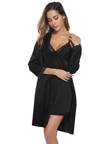 Abollria Camisón Sexy Mujer Elegante Albornoz de Dormir Conjunto de Kimono Batas Vestidos de Dormir de Dos Piezas Negro,XXL