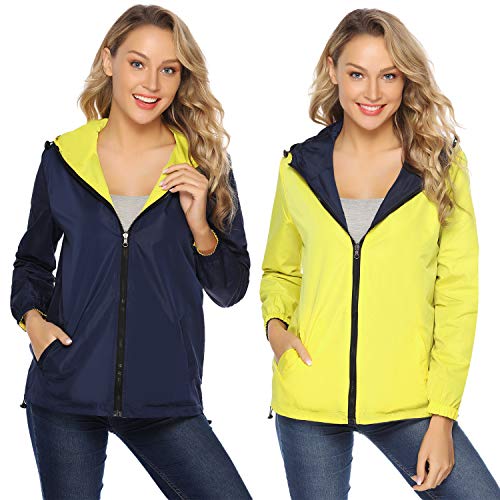 Abollria Chubasquero Mujer Impermeable Chaqueta Abrigo Ligeros Rompevientos con Capucha Ideal para Viajes, Camping, Senderismo, Vacaciones, Unisex con Doble Cara