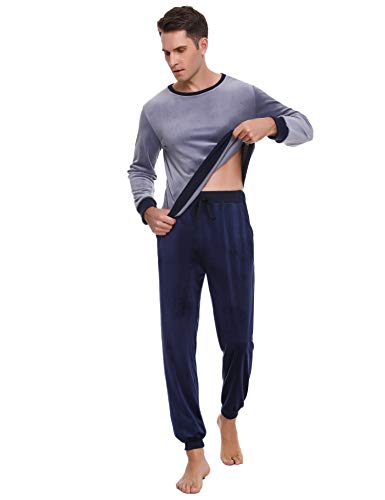 Abollria Conjunto de Pijama Básico para Hombre Ropa de Noche Cuello Redondo Pijama Polar Manga Larga Pantalones Largo para Primavera Invierno, Gris + Azul Real, XS