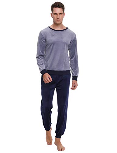 Abollria Conjunto de Pijama Básico para Hombre Ropa de Noche Cuello Redondo Pijama Polar Manga Larga Pantalones Largo para Primavera Invierno, Gris + Azul Real, XS