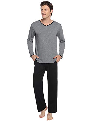 Abollria Pijamas Hombre Algodón 2 Piezas Mangas Larga Pantalon Largo Invierno Cómodo y Agradable (S, Negro_3)