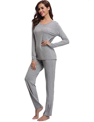 Abollria Pijamas Mujer Algodon Ropa de Domir Elegante Manga Pantalon Largos (M, Gris_3)