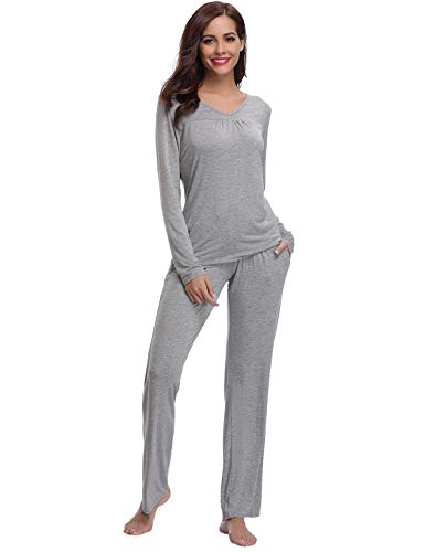 Abollria Pijamas Mujer Algodon Ropa de Domir Elegante Manga Pantalon Largos (XXL, Gris_3)