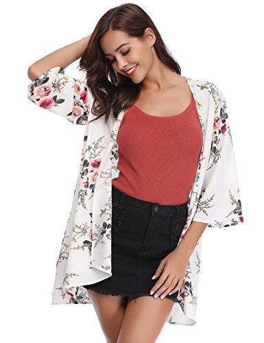 Abollria Playa Cárdigan Florales Chal de Gasa Manga 3/4 Ropa de Baño Cover Up para Mujer IR al Mar Pareo Casual Boho Style Capas Chaqueta Kimono para Vacaciones Verano y Fiesta