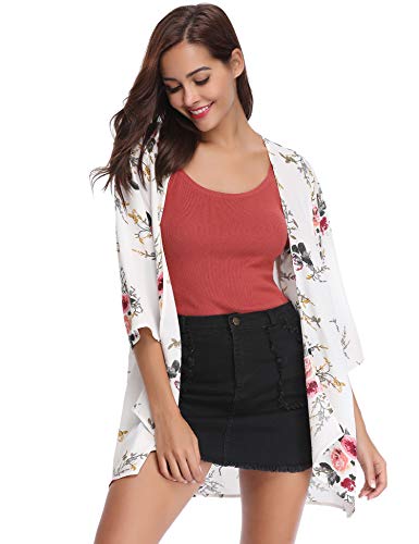 Abollria Playa Cárdigan Florales Chal de Gasa Manga 3/4 Ropa de Baño Cover Up para Mujer IR al Mar Pareo Casual Boho Style Capas Chaqueta Kimono para Vacaciones Verano y Fiesta