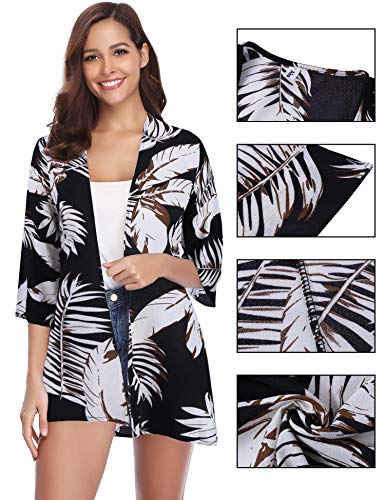 Abollria Playa Cárdigan Verano Chaqueta Kimono de Gasa Manga 3/4 Ropa de Baño Cover Up Casual Capas para para Mujer Floral M