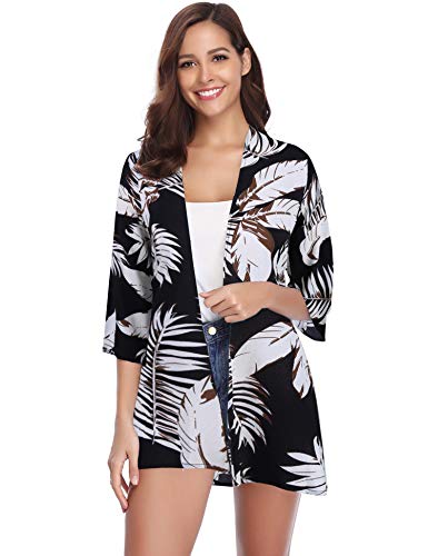 Abollria Playa Cárdigan Verano Chaqueta Kimono de Gasa Manga 3/4 Ropa de Baño Cover Up Casual Capas para para Mujer Floral M