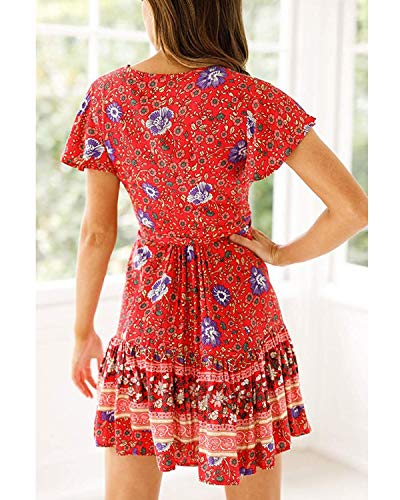 Abravo Mujer Vestido Bohemio Corto Florales Nacional Verano Vestido Casual Magas Cortas Chic de Noche Playa Vacaciones (2XL, Rojo y Azul)