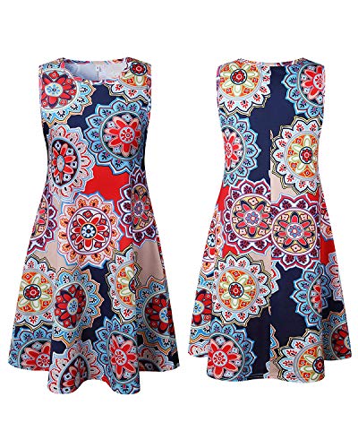 Abravo Mujer Vestido Estampado Floral sin Mangas Vestido Casual Corto Playa con un Bolsillo,Azul Marino,XL