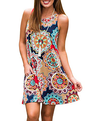 Abravo Mujer Vestido Estampado Floral sin Mangas Vestido Casual Corto Playa con un Bolsillo,Azul Marino,XL