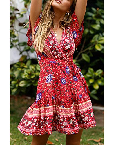 Abravo Mujer Vestido?Bohemio Corto Florales Nacional Verano Vestido Casual Magas Cortas Chic de Noche Playa Vacaciones,Rojo y Azul,L