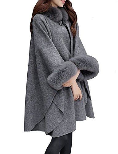 Abrigos De Mujer Invierno Fleece Ponchos De Pelo Cuello Alto Suelto Elegante Coat Outcoat Capas Colores Sólidos Más Grueso Abrigados Manga Larga (Color : Gris, Size : 2XL)