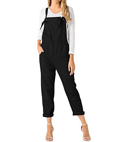 ACHIOOWA Mono para Mujer Peto de Pantalones Casual Ajustable Correa Rompers Largo Sin Mangas Monos de harén Mono de Pierna Ancha Overalls con Bolsillo Negro L