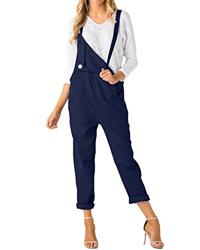 ACHIOOWA Mono para Mujer Peto de Pantalones Casual Ajustable Correa Rompers Largo Sin Mangas Monos de harén Mono de Pierna Ancha Overalls con Bolsillo Azul L