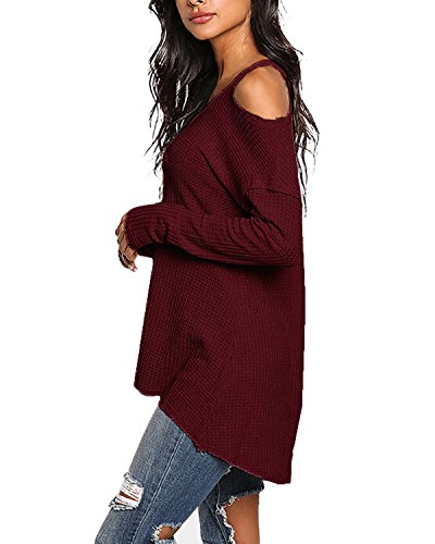 ACHIOOWA Mujer Camiseta Manga Larga Cuello V Oto?o Blusa Sin Hombros Punto Jersey Elegante Casual Tallas Grandes Suelto Oversize Top Shirt Rojo-Vino S