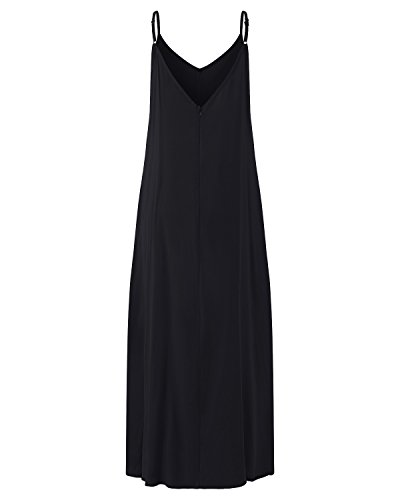 ACHIOOWA Mujer Vestido Elegante Playa Casual Dress Cuello V Sin Manga Túnica Sin Hombros Escote Punto Bolsillo Caftán Oversize Falda Larga Negro XL