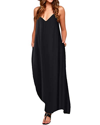 ACHIOOWA Mujer Vestido Elegante Playa Casual Dress Cuello V Sin Manga Túnica Sin Hombros Escote Punto Bolsillo Caftán Oversize Falda Larga Negro XL