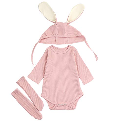 AGQT Traje de Pascua para bebé Carnaval Infantil bebé niña niño Conejito Manga Corta Mono de una Pieza Mono con Sombrero Calcetines 3 Piezas Rosa 0-6 Meses