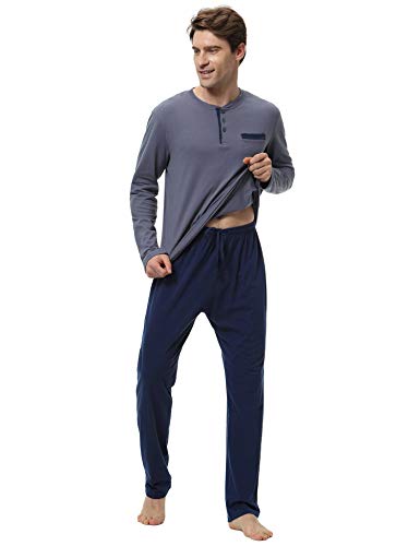 Aibrou 100% Algodón Pijamas Hombre Invierno Mangas Largas Pantalones Largo, Simple y Cómodo