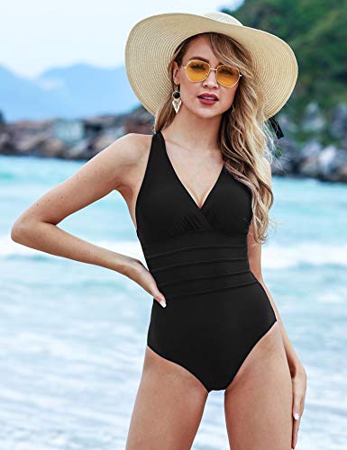 Aibrou Bañador Mujer Sexy,Trajes de baño de Una Pieza Cuello en V Profundo bañador Flores Reductor Halter con Espalda Vendaje Monokini Verano Vacaciones Playa, (Negro, M)