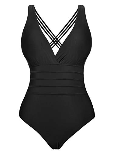 Aibrou Bañador Mujer Sexy,Trajes de baño de Una Pieza Cuello en V Profundo bañador Flores Reductor Halter con Espalda Vendaje Monokini Verano Vacaciones Playa, (Negro, M)