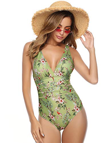 Aibrou Bañador Mujer Sexy,Trajes de baño de Una Pieza Cuello en V Profundo bañador Flores Reductor Halter con Espalda Vendaje Monokini Verano Vacaciones Playa, (Ejército Ejército Verde Flor, L)