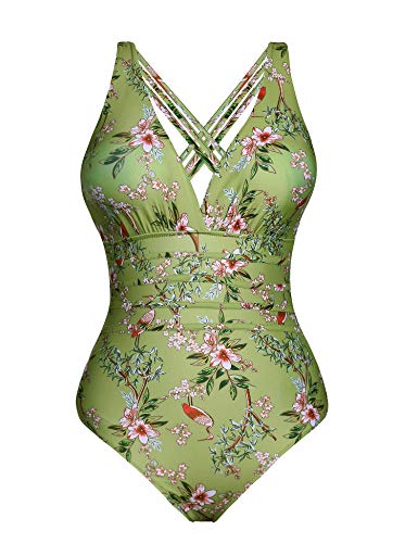 Aibrou Bañador Mujer Sexy,Trajes de baño de Una Pieza Cuello en V Profundo bañador Flores Reductor Halter con Espalda Vendaje Monokini Verano Vacaciones Playa, (Ejército Ejército Verde Flor, L)