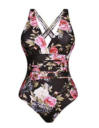 Aibrou Bañador Mujer Sexy,Trajes de baño de Una Pieza Cuello en V Profundo bañador Flores Reductor Halter con Espalda Vendaje Monokini Verano Vacaciones Playa, (Negro Flor, S)