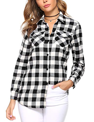 Aibrou Camisa de Cuadros para Mujer,Algodón Blusas Franela de Manga Larga Casual Clásica con Botones,Camisas a Cuadras para Primavera Otoño Invierno (Negro Blanco 2, L)