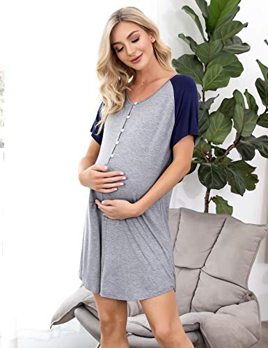 Aibrou Camisón Lactancia, Camison Maternidad Camisón Maternidad Lactancia Manga Corta Camison Embarazada Algodon Cuello en V, Camison Premamá con Botones para Hospital Casual Hogar