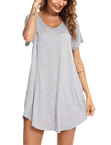 Aibrou Camisón Mujer Verano Camisón de Manga Corta con Cuello en V para Mujer Pijama de Mujer,Gris,L