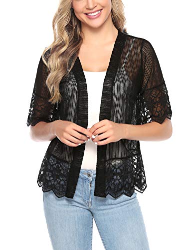 Aibrou Cárdigan de Encaje de Manga Corta para Mujer,Chaquetas Ganchillo Suelto,Chaqueta Kimono Playa,Vacaciones Playa Chal Camisolas y Pareos para Verano, (Negro, XXL)