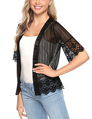 Aibrou Cárdigan de Encaje de Manga Corta para Mujer,Chaquetas Ganchillo Suelto,Chaqueta Kimono Playa,Vacaciones Playa Chal Camisolas y Pareos para Verano, (Negro, XXL)