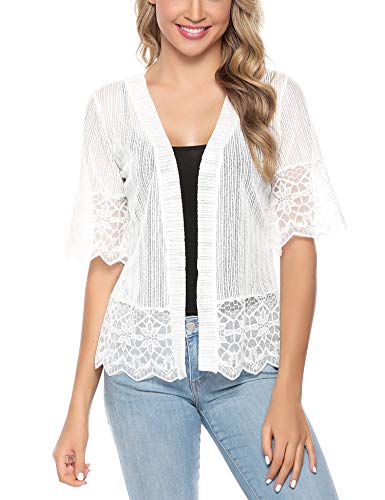 Aibrou Cárdigan de Encaje de Manga Corta para Mujer,Chaquetas Ganchillo Suelto,Chaqueta Kimono Playa,Vacaciones Playa Chal Camisolas y Pareos para Verano, (Blanco, M)