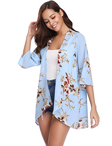 Aibrou Cárdigan Kimonos Mujer Camisolas y Pareos Pareo Playa,Cardigan Verano Manga 3/5 Tops Blusa Floral Suelta,Vacaciones Playa Chal,(Azul Claro, S)