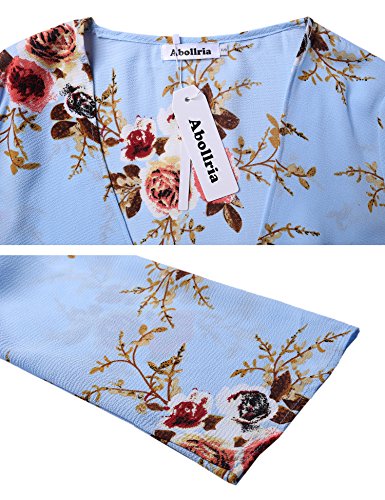 Aibrou Cárdigan Kimonos Mujer Camisolas y Pareos Pareo Playa,Cardigan Verano Manga 3/5 Tops Blusa Floral Suelta,Vacaciones Playa Chal,(Azul Claro, S)