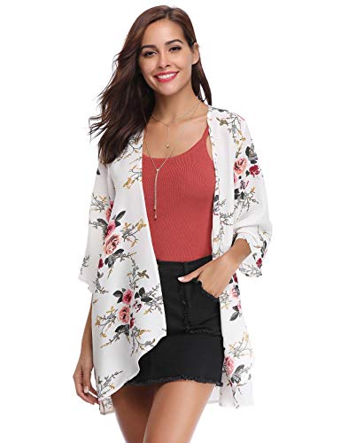 Aibrou Cárdigan Kimonos Mujer Camisolas y Pareos Pareo Playa,Cardigan Verano Manga 3/6 Tops Blusa Floral Suelta,Vacaciones Playa Chal,(Blanco, XL)